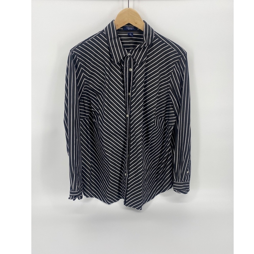 Chaps Button Down Shirt Womens 1X Navy Blue Excellent Striped Cotton Long Sleeve